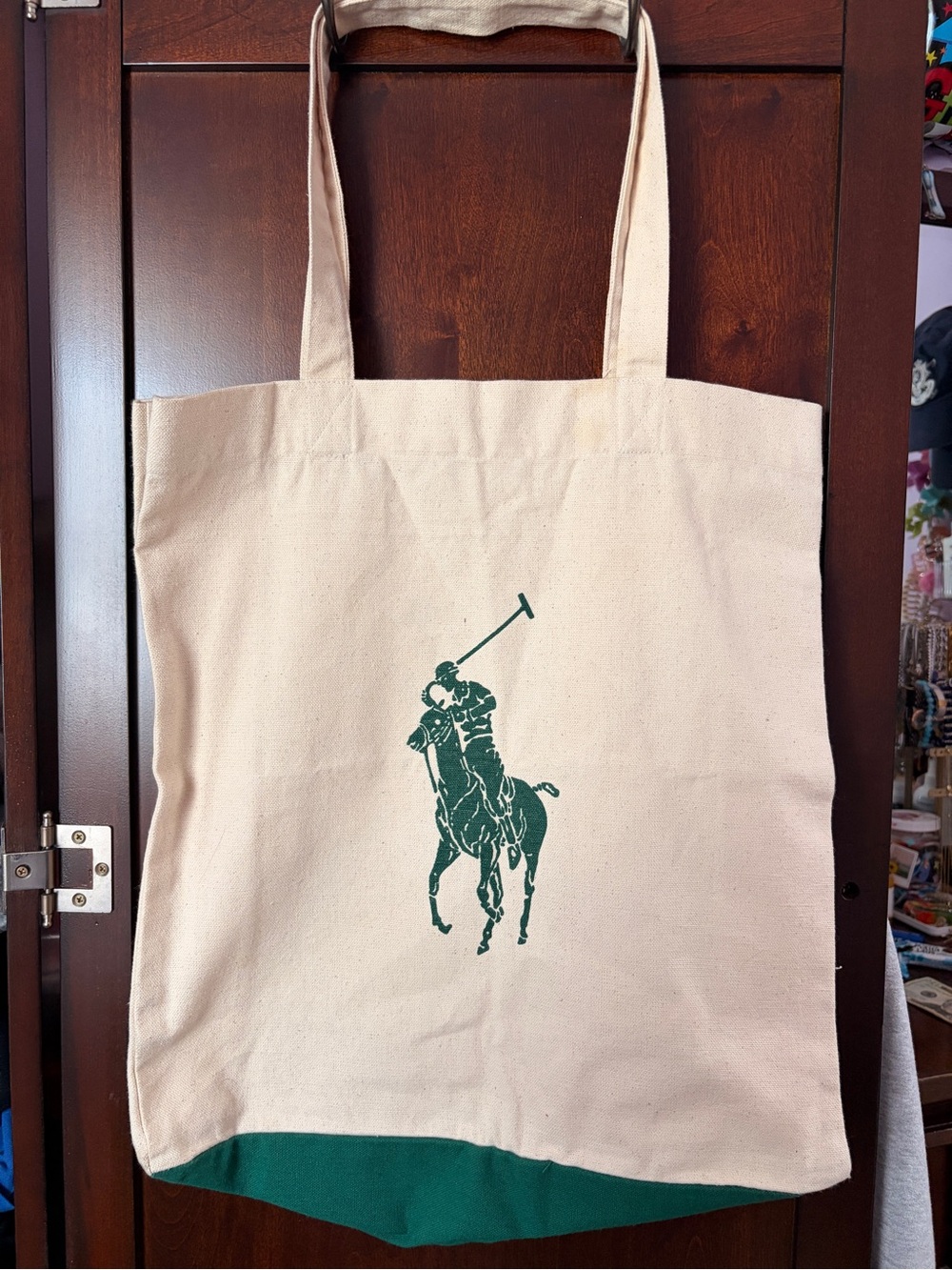 UNISEX Canvas Polo Player Tote Bag in Natural and Green